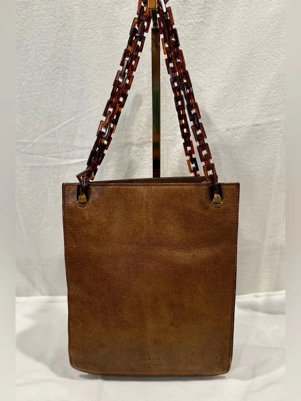 Y2K Prada Brown Leather Tote Or ShyBag with Tortoiseshell Chain Straps